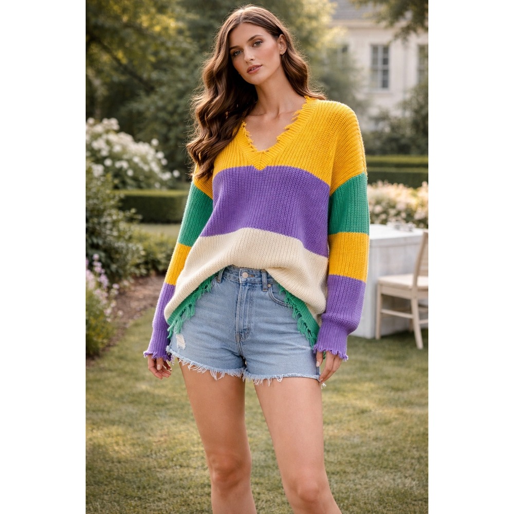 POL Womens Colorblock Distressed V-Neck Sweater Yellow Purple Green FST283 Small